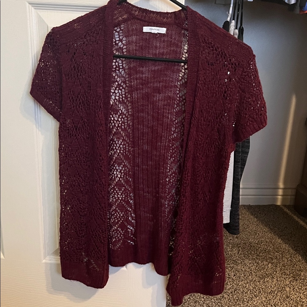 Maurices Short Sleeve Lace Open-Front Cardigan - Burgundy